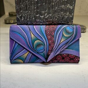 Anuschka Hand painted original artwork Dreamy Peacock wallet NWOT